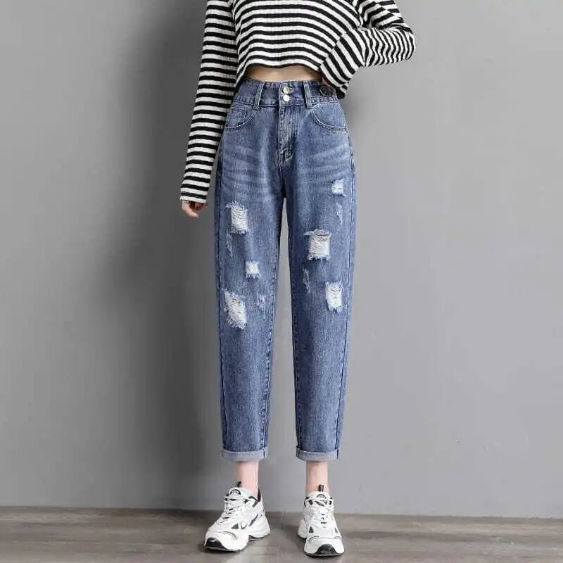 Coreano Streetwear strappato Capris Jeans donna Y2k Casual sciolto Denim Harem pantaloni Vintage Baggy mendicante Vaqueros primavera Pantalones