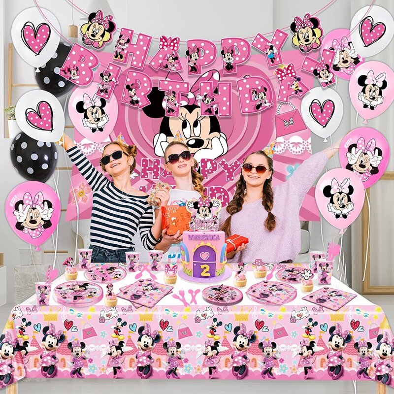 Minnie Mouse Party Decoration Balloons Disposable Tableware Set Pink Minnie Tablecloth Baby Shower Girls Birthday Party Supplies