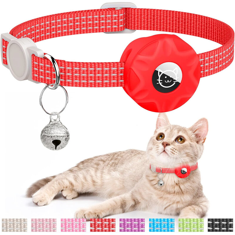 Anti-Lost Pet Cat Collar for Apple Airtag,Safety Protective Tracker Positioning Collars with Reflective and Airtag Holder gatos