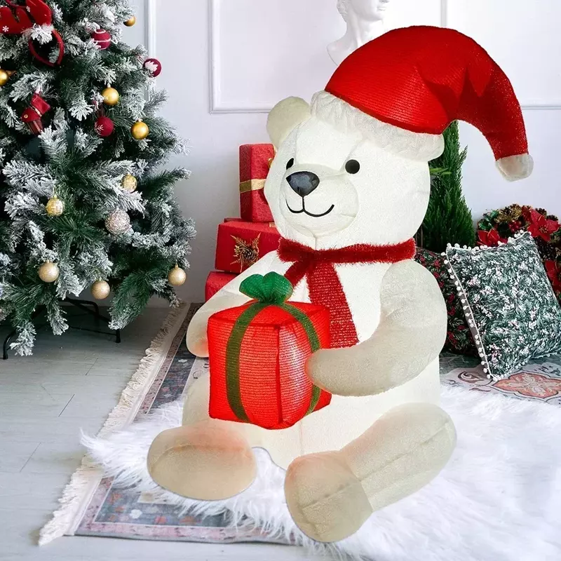 3.9ft Inflatable Plush ตุ๊กตาหมีสีขาว LED เรืองแสง Inflatable ของเล่น Merry ตกแต่งคริสต์มาสหน้าแรกของประดับงานปาร์ตี้ปีใหม่ของขวัญ