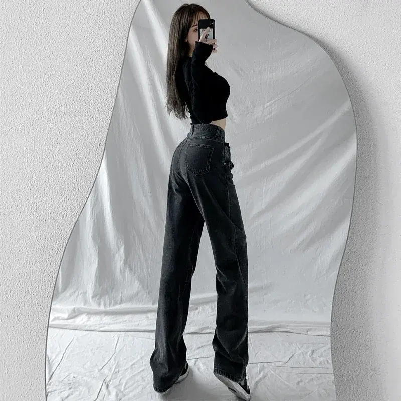 Jeans taille haute à jambes larges pour femmes, pantalons de colonne vertébrale, noir, bleu, vêtements de marque FJM, nouveau, 2021
