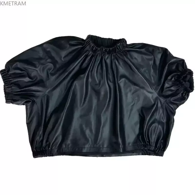 Jaqueta de couro real para mulheres, jaquetas de couro de carneiro, parte superior do pescoço do barco, casaco preto sexy, outwear solto