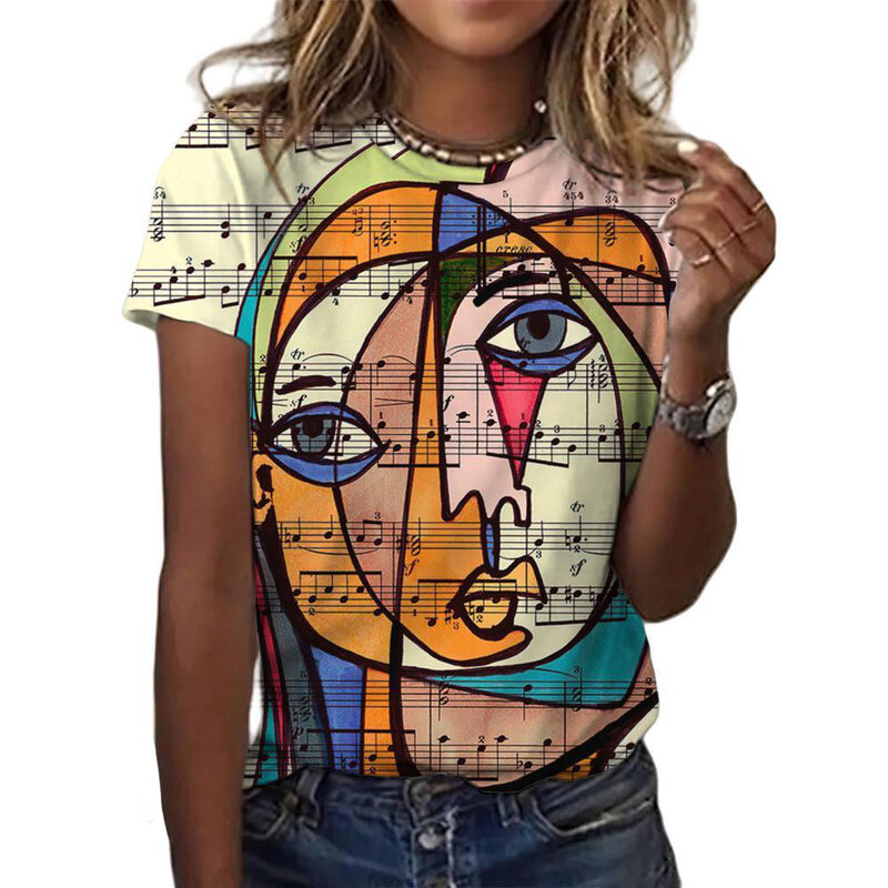 女性用半袖ラウンドネックTシャツ,3Dグラフィティプリント,カジュアル,ヴィンテージ原宿,夏,ニューコレクション2022