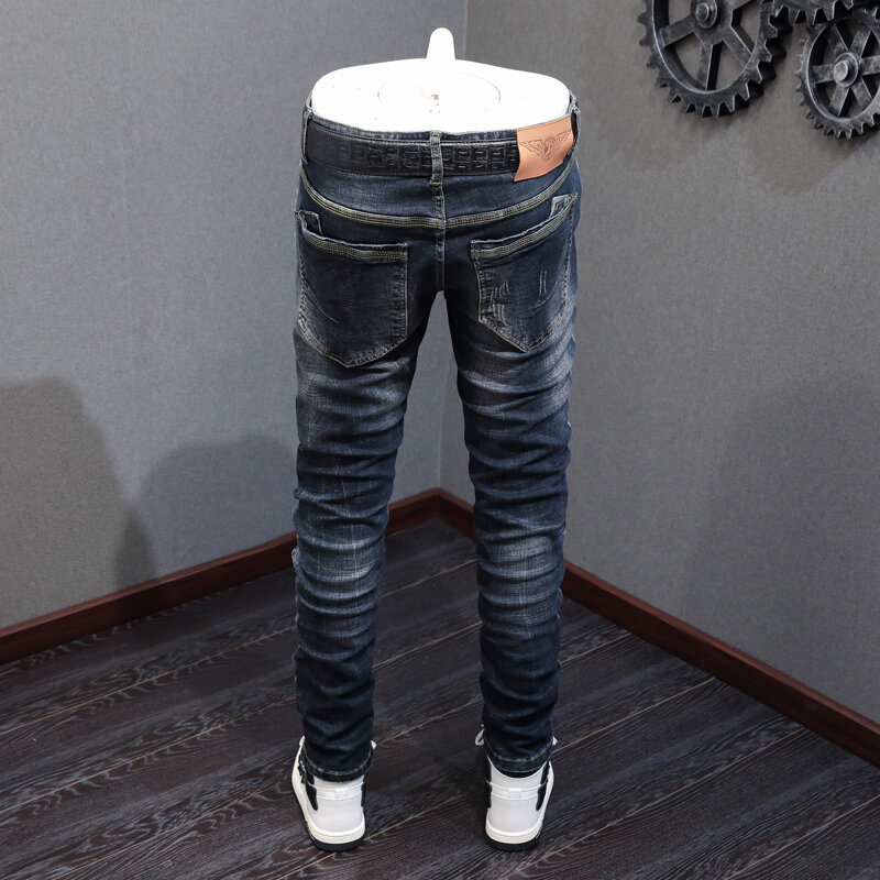 Italiaanse Stijl Mode Mannen Jeans Hoge Kwaliteit Retro Blauw Elastische Slim Fit Ripped Jeans Mannen Vintage Designer Broek Hombre