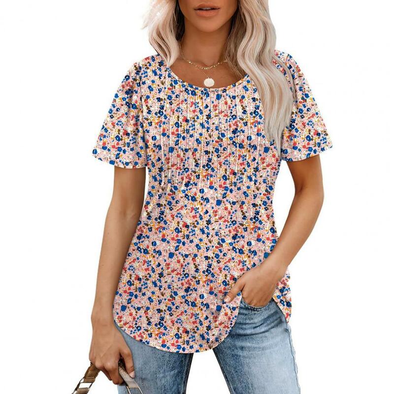 Camiseta holgada con cuello redondo para mujer, Top plisado informal de colección, Tops elegantes de verano, Color sólido