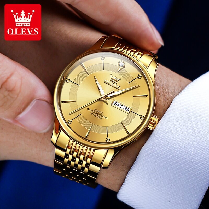 OLEVS-Montre à quartz étanche en acier inoxydable pour homme, montre dorée originale, semaine et date, luxe et élégant, tendance