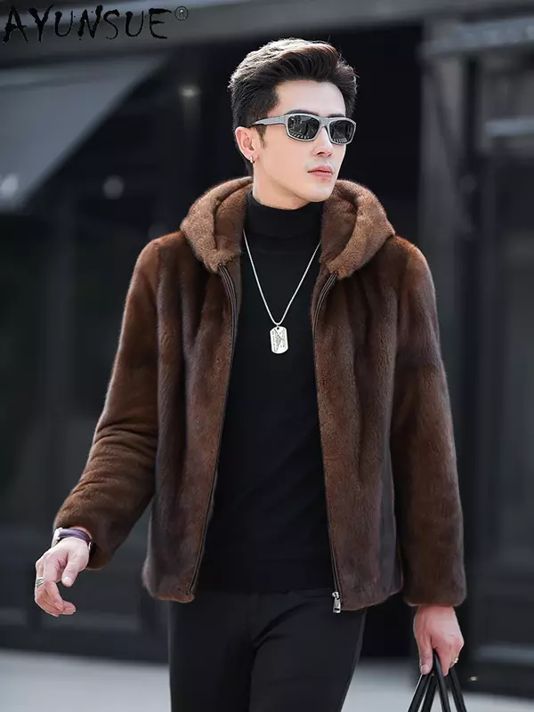 Ayusue-abrigo de piel Natural de alta gama para hombre, ropa con capucha, chaqueta de piel de visón Real de negocios informal, abrigo de invierno