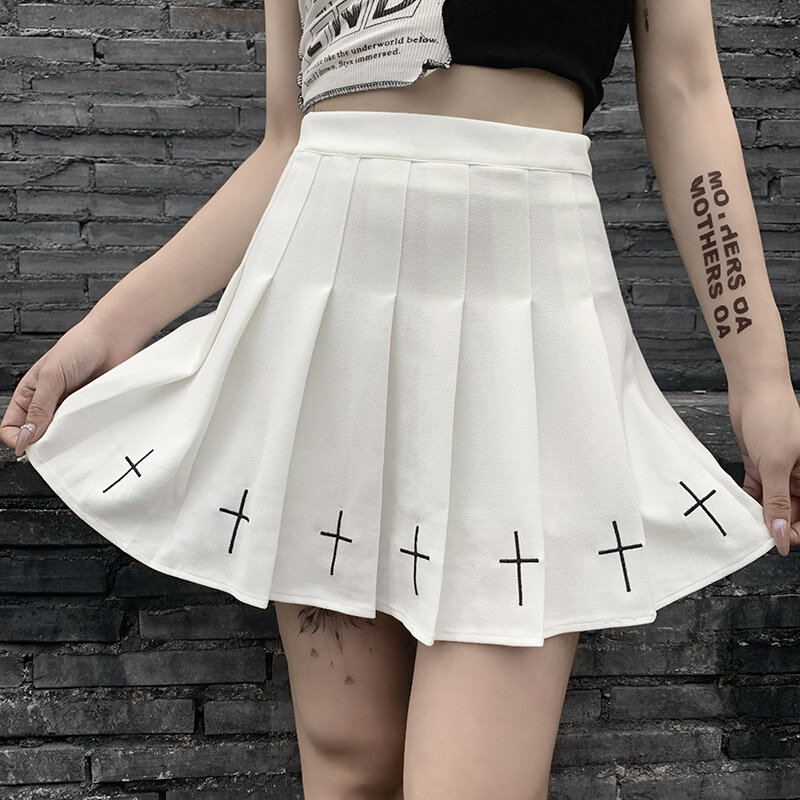 Kobiet i/39;s wysokiej talii Gothic Punk krótka spódniczka panie krzyż wzór Mini plisowana spódnica mroczny styl odzież miejska, klubowa, na imprezę Cosplay