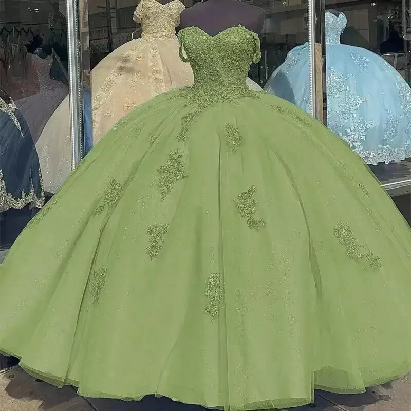 Zielone sukienki z odkrytymi ramionami Quinceanera suknia balowa brokat Vestidos De 15 Anos aplikacja maskarada księżniczka suknie na imprezy urodzinowe