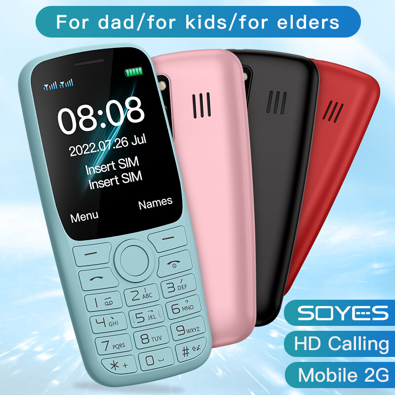 SOYES-telefone móvel com câmera traseira lanterna, 2G GSM, 1.77 "Display, 800mAh, 15 Days Standby, pequeno celular, poderoso