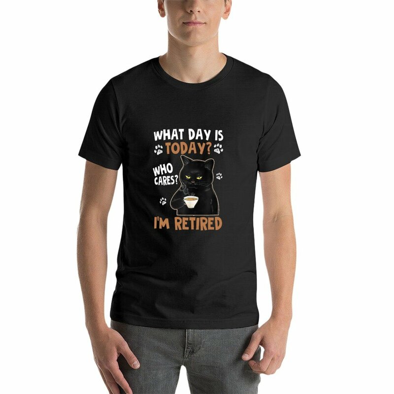 Забавная кошачья кофейная футболка для мальчиков я пенсионер футболки с графическим рисунком кавайная Одежда большого размера черные футболки для мужчин