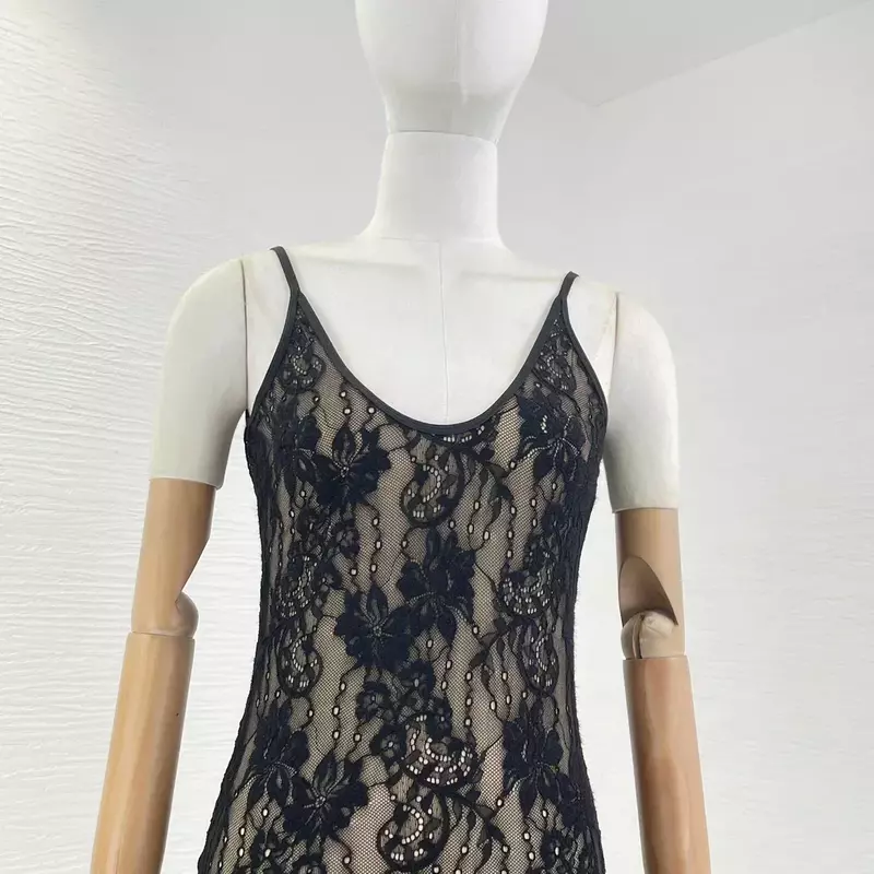 2023 Latest Hollow Out Vintage High Quality O-neck Sleeveless  Lace Beige Black Bodysuit for Women