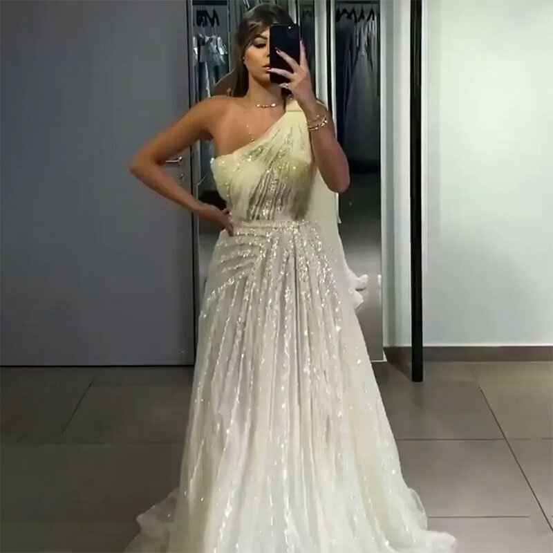 Fashion A-Line Beaded Evening Dresses One Shoulder Sleeve Prom Gowns Beading Sequin Arabic Dubai Abendkleider Vestidos