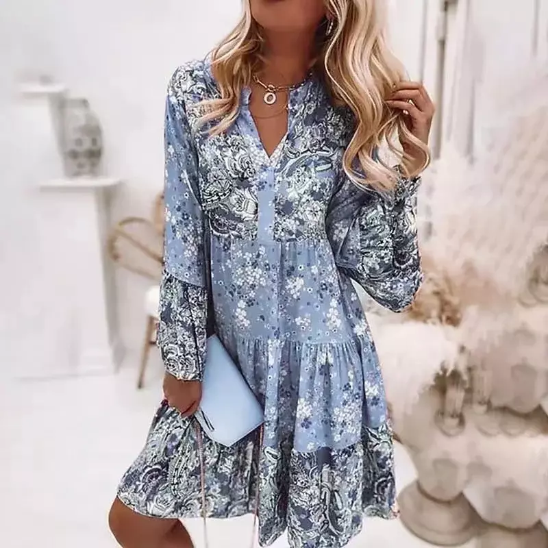 New Floral Dress for Women 2024 Summer Oversize Elegant Long Sleeve Casual Dresses Female Loose Bohemian Beach Holiday Dresse