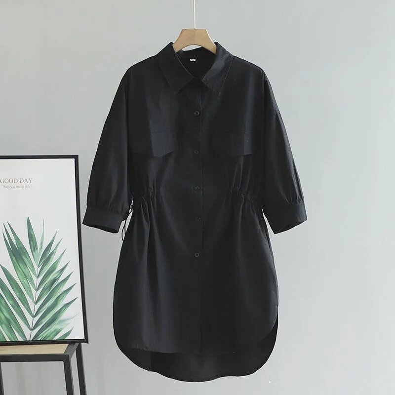 2024 letnia nowa długa koszula spódnica damska płaszcz duży rozmiar koreański kurtka luźna ściągany sznurkiem w pasie wyszczuplający modna koszula bluzki damskie