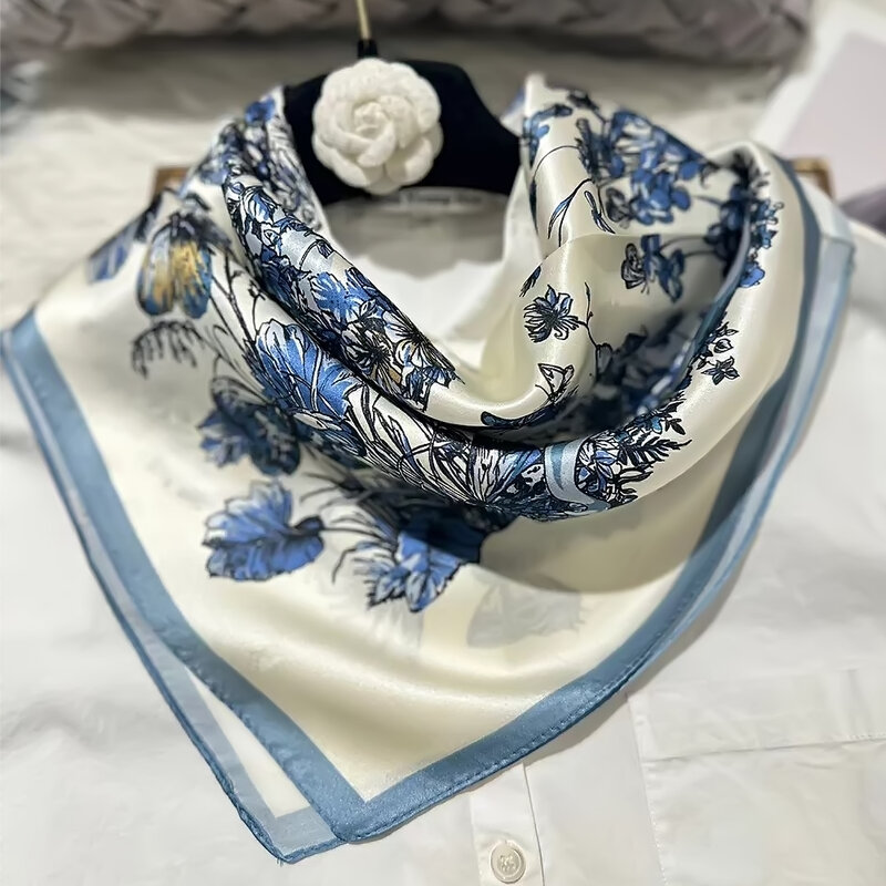 BYSIFA|Blue 100% Silk Scarf Hijab Women Fashion Brand Accessories Square Scarves Foulard Butterfly Silk Scarf Bufandas 65*65cm