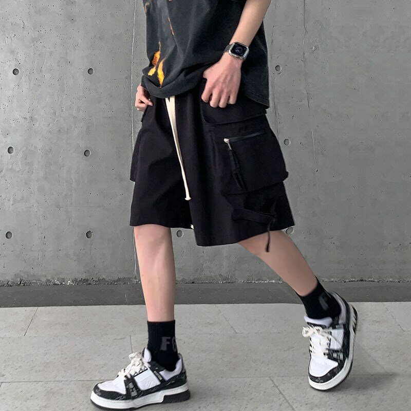 Summer men's work shorts Harajuku wind high street Japanese straight loose casual beach outdoor multi-pocket tie rope party pant