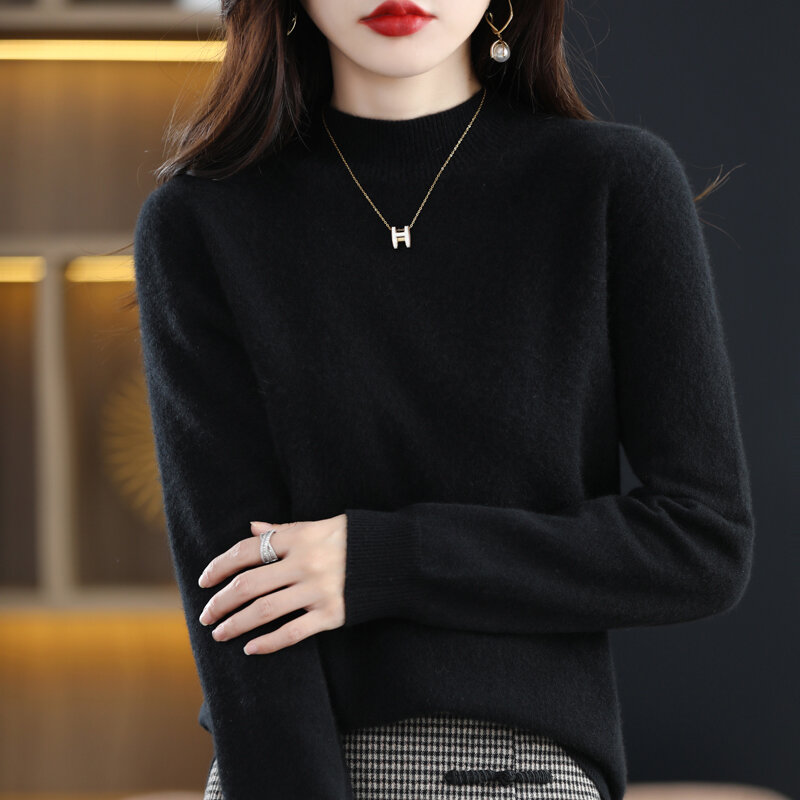 Seamlessly Spliced First-Line Ready-To-Wear 100% Wool Knitted Bottoming Shirt, Women's Half-Turtleneck Pullover Sweater