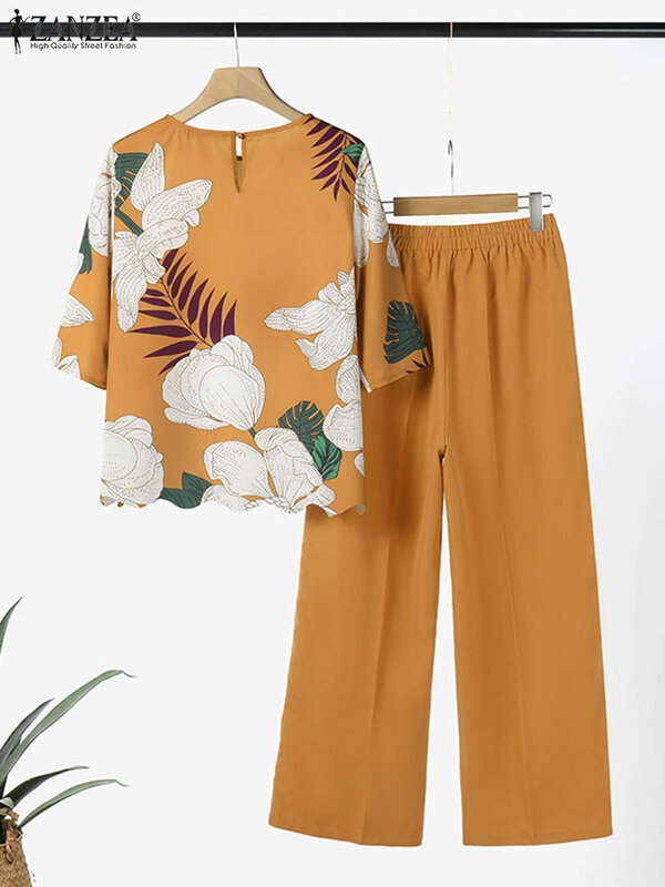 Elegant Women Office Work Suit Matching Sets ZANZEA 2PCS Fashion Short Sleeve Floral Blouse Pant Sets Summer Tracksuits Oversize