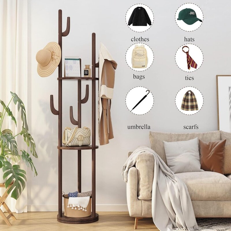 Bolsos y mochilas giratorias de madera para mujer, perchero independiente, soporte para abrigos, sombreros, salón, árbol, pie libre