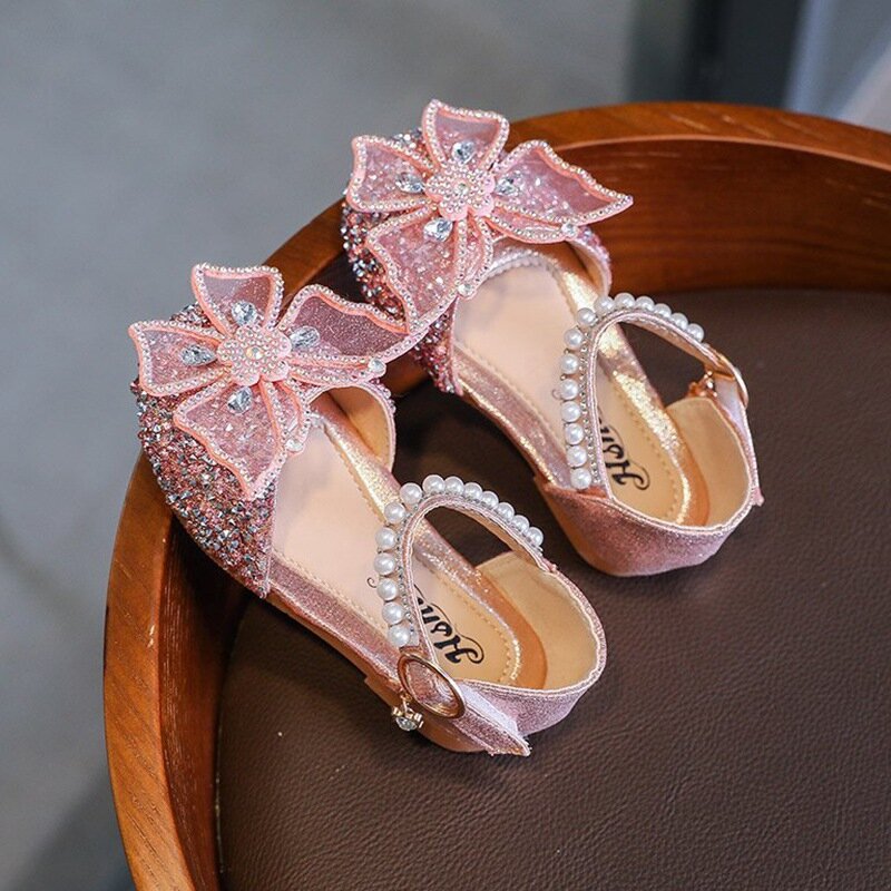 Summer Korean Style Children Girls Sandals Bow Princess Shoes Fashion Sweet Sequin Dance Performance Shoes
