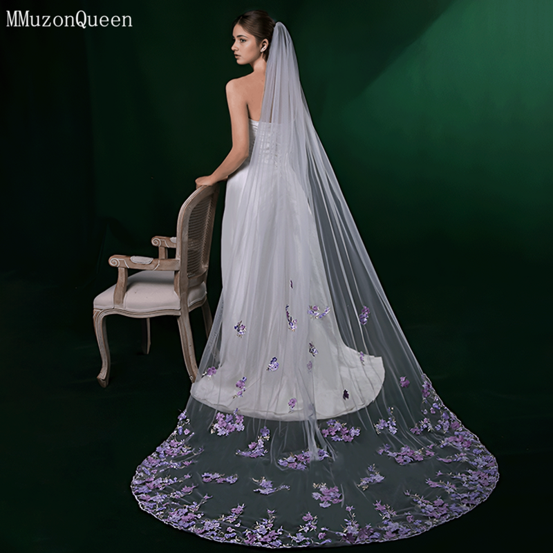 MMQ M109 kerudung pernikahan bunga 3D, untuk pengantin putih lembut kain Tule ungu Applique & mutiara dengan sisir aksesoris pesta pengantin novia