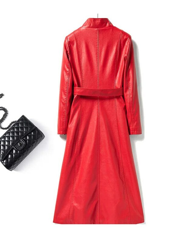 2024 New Fashion cintura stringata rossa Trench lungo in pelle di pecora Chic donna colletto alla coreana monopetto capispalla in vera pelle
