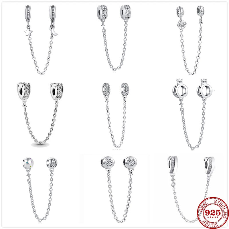 New 925 Silver Sparkling Sparkle Star Moon Safety Chain Charm Bead Fit Original Pandora Bracelet Pandora DIY Jewelry For Women