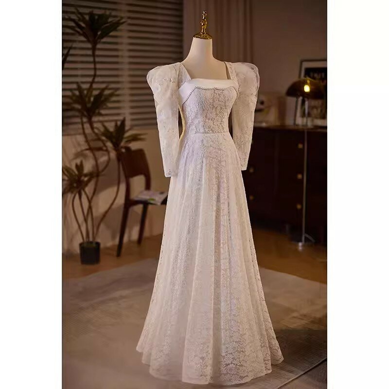 Real Picture Full Lace Long Sleeve Formal Occasion Dresses Square Neck A Line Prom Wedding Party vestido de noche elegantes 2024