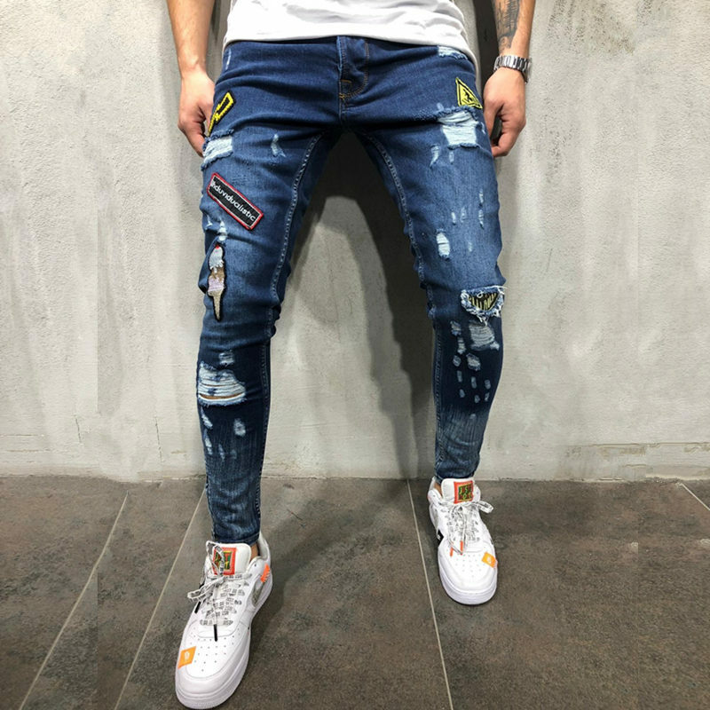 2023 wiosna nowe męskie patchworkowe plakietki jeansowe modne dopasowane spodnie z dziurami, dżinsowe Hip Hop podarte obcisłe dżinsy Mannen spodnie męskie