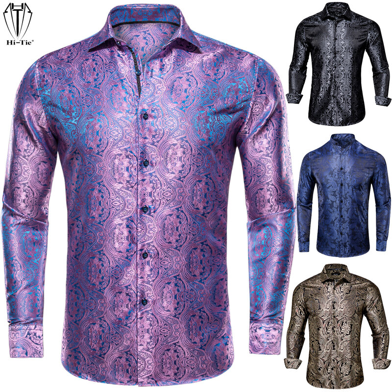 Hi-Tie/брендовые новые шелковые мужские рубашки с длинным рукавом, облегающие рубашки золотого, синего, красного, бежевого, бордового, розового, фиолетового, серого цветов для мужчин, высокое качество