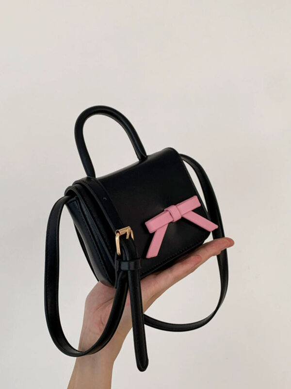 여성용 귀여운 핑크 활 작은 사각형 가방, 텍스처 패치워크 학생 미니 핸드백 Pu 가죽 크로스바디 백, 패션 2024 신제품