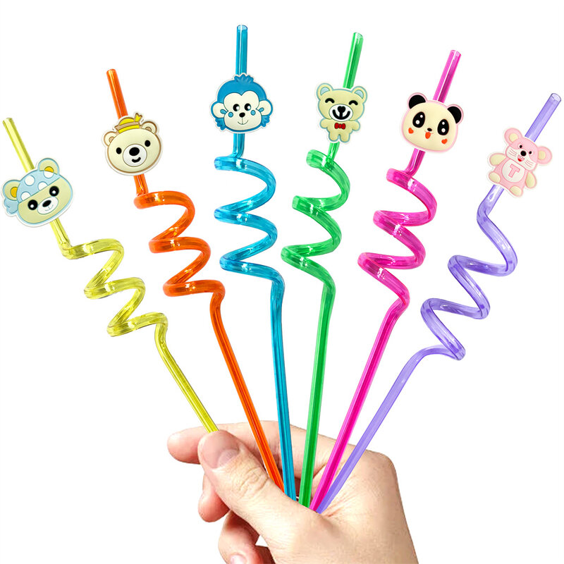 6-12 Cute cartoon-shaped straws for party gifts Reusable children's straws for party supplies with extra free cleaning brushes