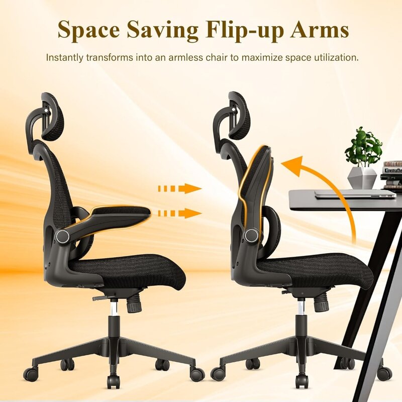 Kursi kantor jala ergonomis, kursi meja punggung tinggi dengan penyangga pinggang yang dapat diatur, lengan lipat, sandaran kepala, roda putar