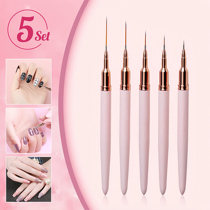 5 Pcs Nail Art Liner Brushes Set Elongated Lines Striping Drawing UV Gel Painting Nail Design Pen Professional Manicure Tool