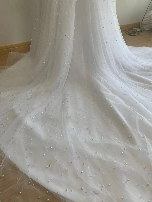 Luxury Off Shoulder Wedding Dress Pearls Beaded V Neck Lace Up Shiny Robes De Mariée Bride Gown Vestidos De Novia