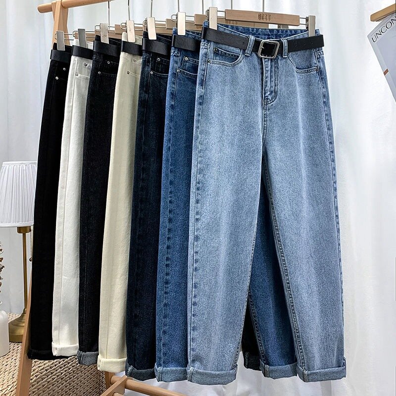 กางเกงยีนส์เอวสูงทรงตรงสไตล์ MODE Korea, กางเกงยีนส์ทรงหลวมสำหรับผู้หญิงกางเกงฮาร์ลาน6สีลำลอง
