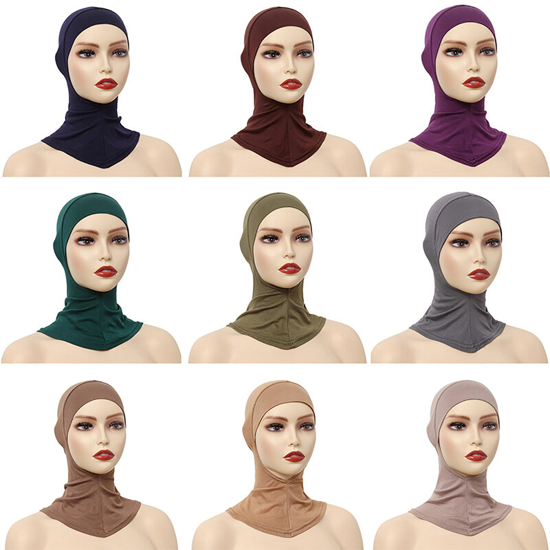 Solid Color Muslim Underscarf Women Modal Hijab Cap Adjustable Muslim Stretchy Turban Full Cover Shawl Cap Full Neck Coverage