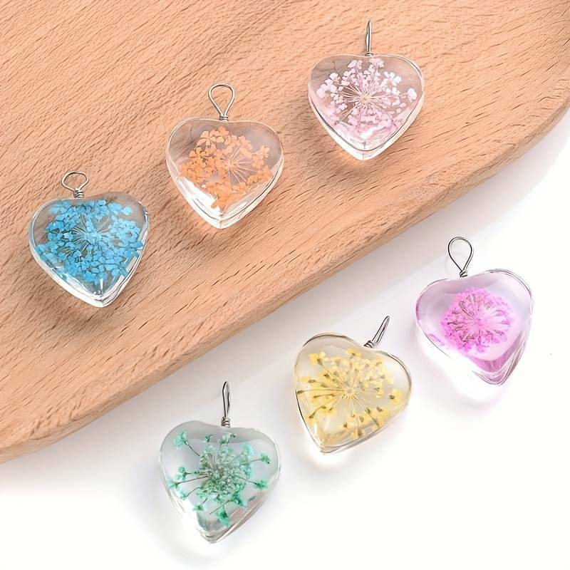 Colgante de flor seca en forma de corazón de vidrio transparente, 3 piezas, fabricación de joyería artesanal, joyería fina