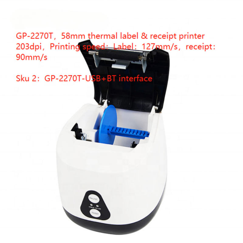 Mini etiqueta térmica e recibo impressora, impressora de código de barras, 2 em 1, USB, pendurado Tag, adesivo, GP-2270, 2 em 1, 58mm