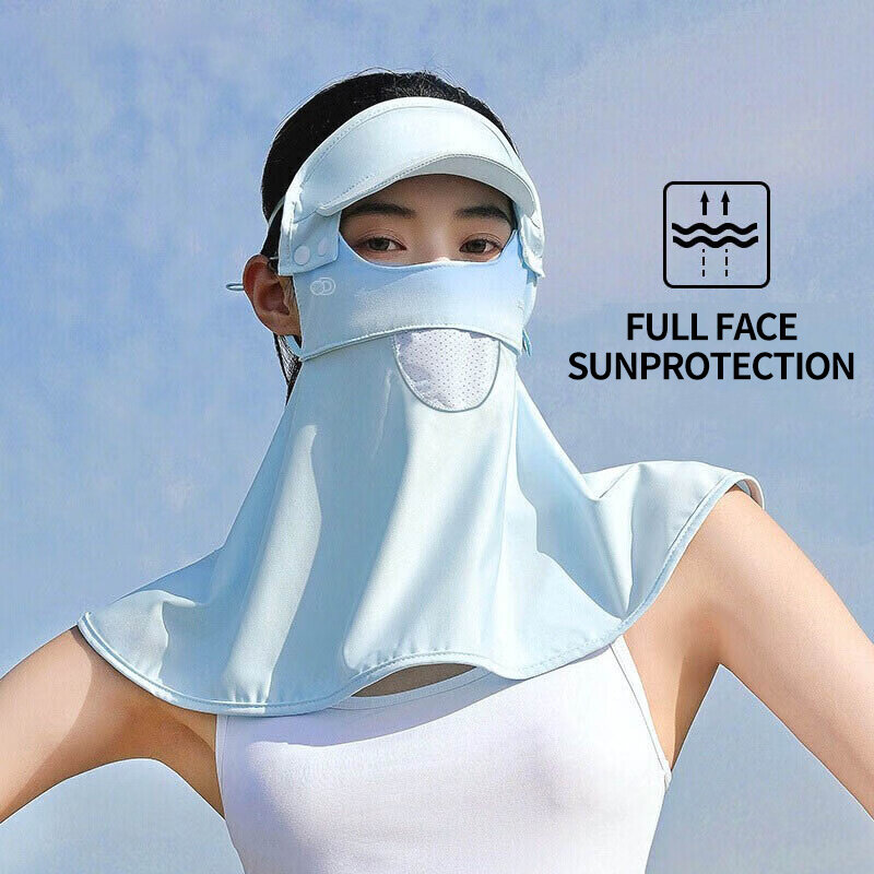 Máscara de protección solar para el cuello para mujer, velo de cara completa, máscara colgante para la oreja, visera de seda transpirable, estilo de ala de verano [UPF50 +]