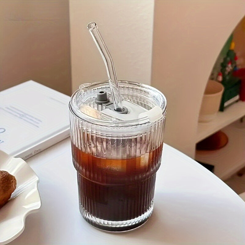 1pc 450ml Stripe Glass Cup Transparent Glasses With Lid and Straw Ice Coffee Mug Tea Cup Juice Glass Milk Water Cup Drinkware