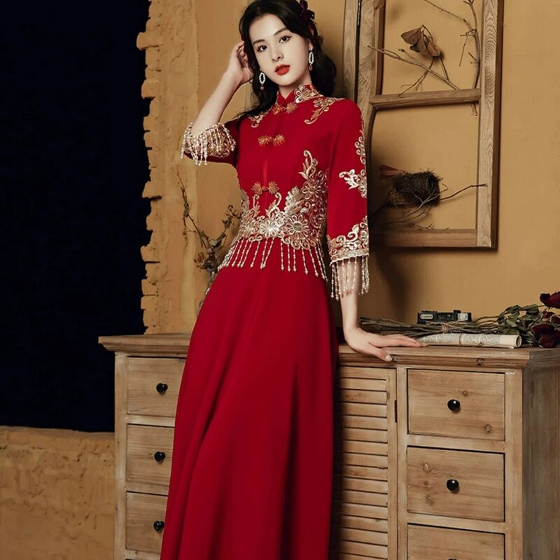 Burgundy Vintage Wedding Party Gown Chinese Standing Collar Dress Bridal Wedding Toast Clothes Elegant Temperament Cheongsam