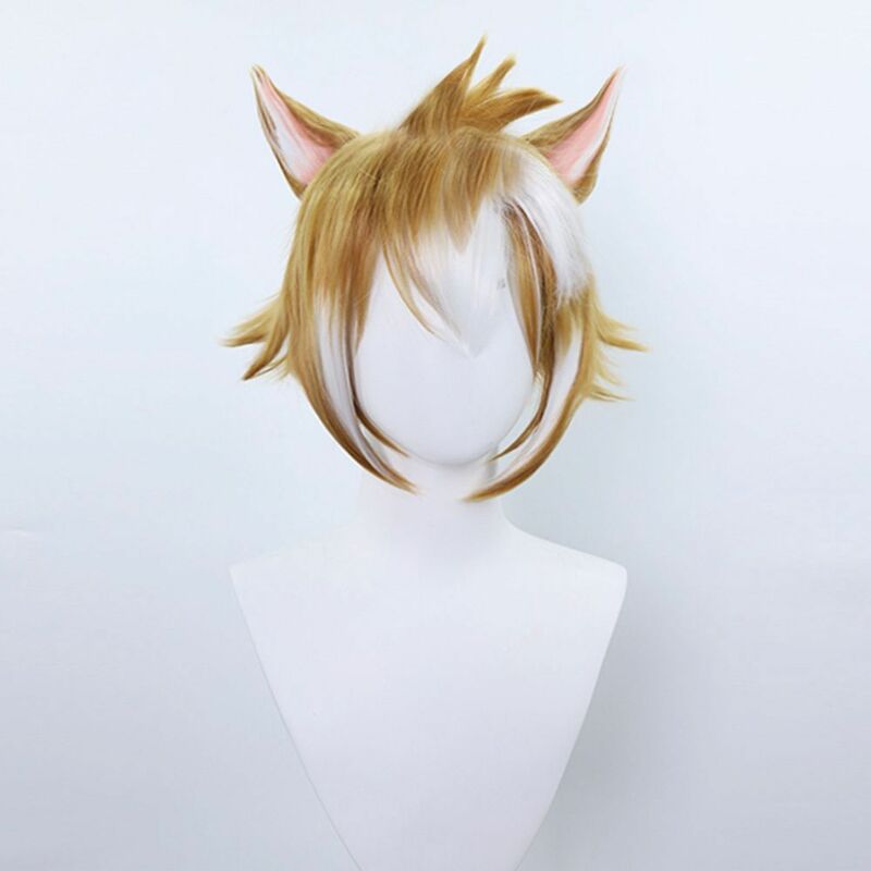 Парик для косплея из аниме «косы», синтетические короткие волосы с коричневыми смешанными белыми трехмерными ушками для косплея