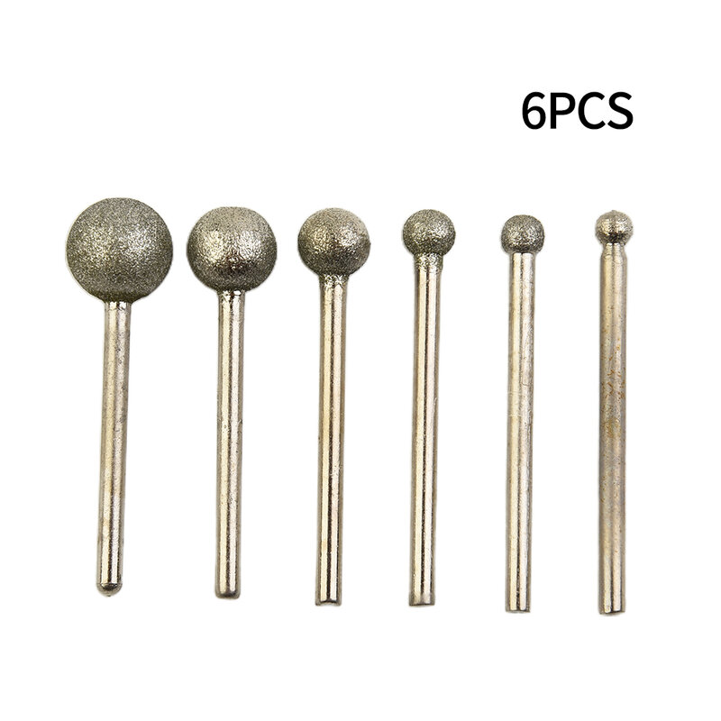 6PC Diamond Grinding Needle Head Kit 33-40mm Length Round Ball Burr Drill Bit For Carving Engraving Drilling 4-12mm Tools Parts