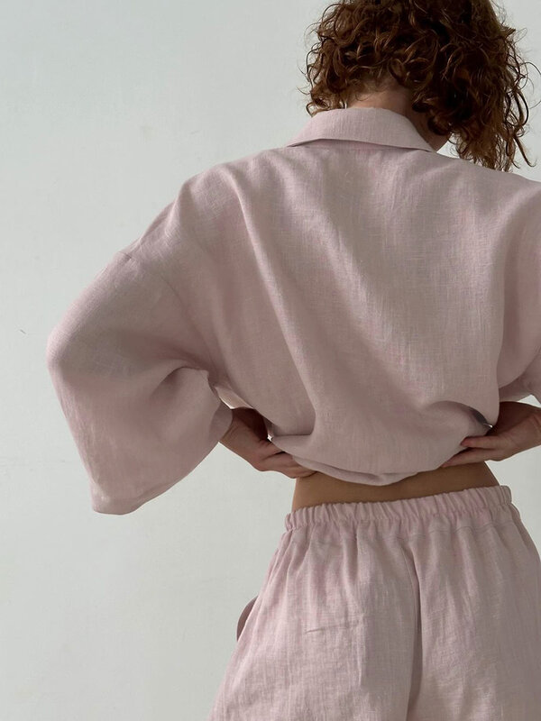 Marthaqiqi-Conjunto de camisones sueltos de algodón para mujer, ropa de dormir con cuello vuelto, pantalones cortos de manga larga, traje de pijama informal para mujer