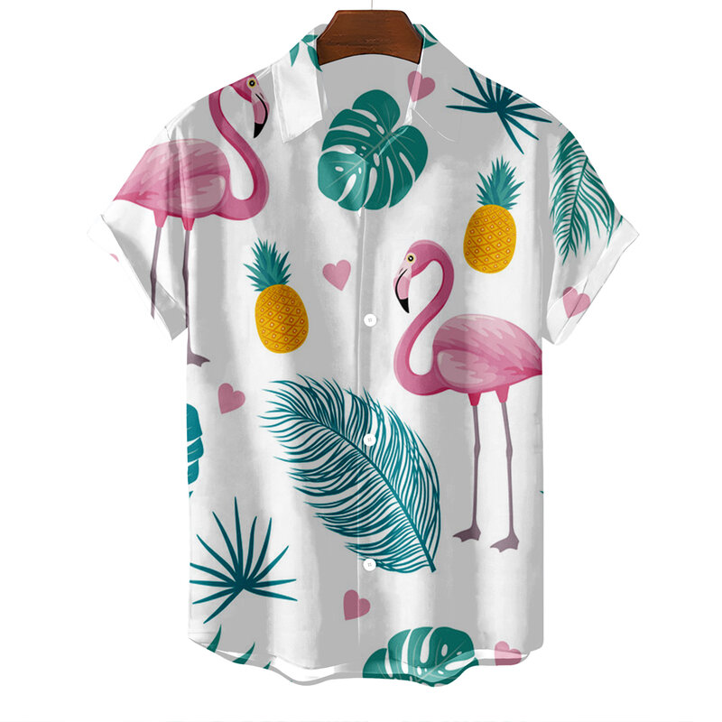 メンズ半袖ハワイアンTシャツ,ピンクのフラミンゴプリントの豪華なカジュアルブラウス,夏の装い