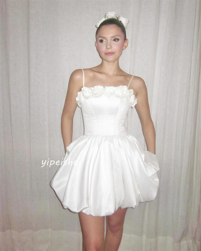 Satin Flower Ruched Party A-line Square Neck Bespoke Occasion Gown Mini Dresses