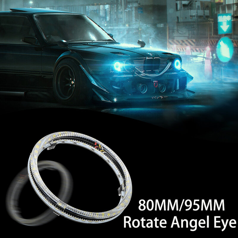 2 peças carro led farol angel eyes círculo demônio olho luz guia modo de rotação nevoeiro lente dupla luz 80mm 95mm 3535 led