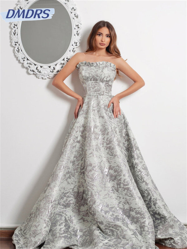 Stylish Strapless Evening Dress 2024 Classic Satin Print Gown Simple Floor-Length A-Line Gowns Vestidos De Novia